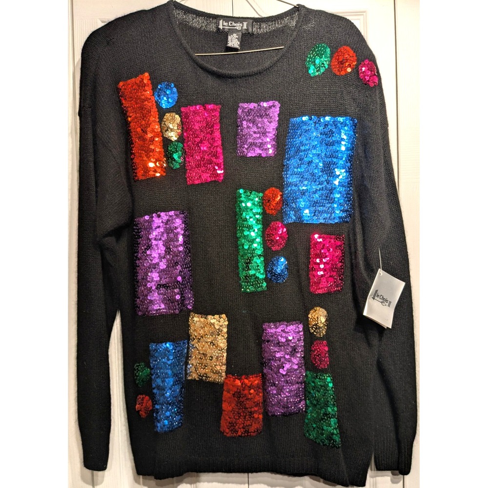Vintage Le Chois II Sweater Women 2X‎ Sequin Geometric Silk/Wool Blend 80s NWT